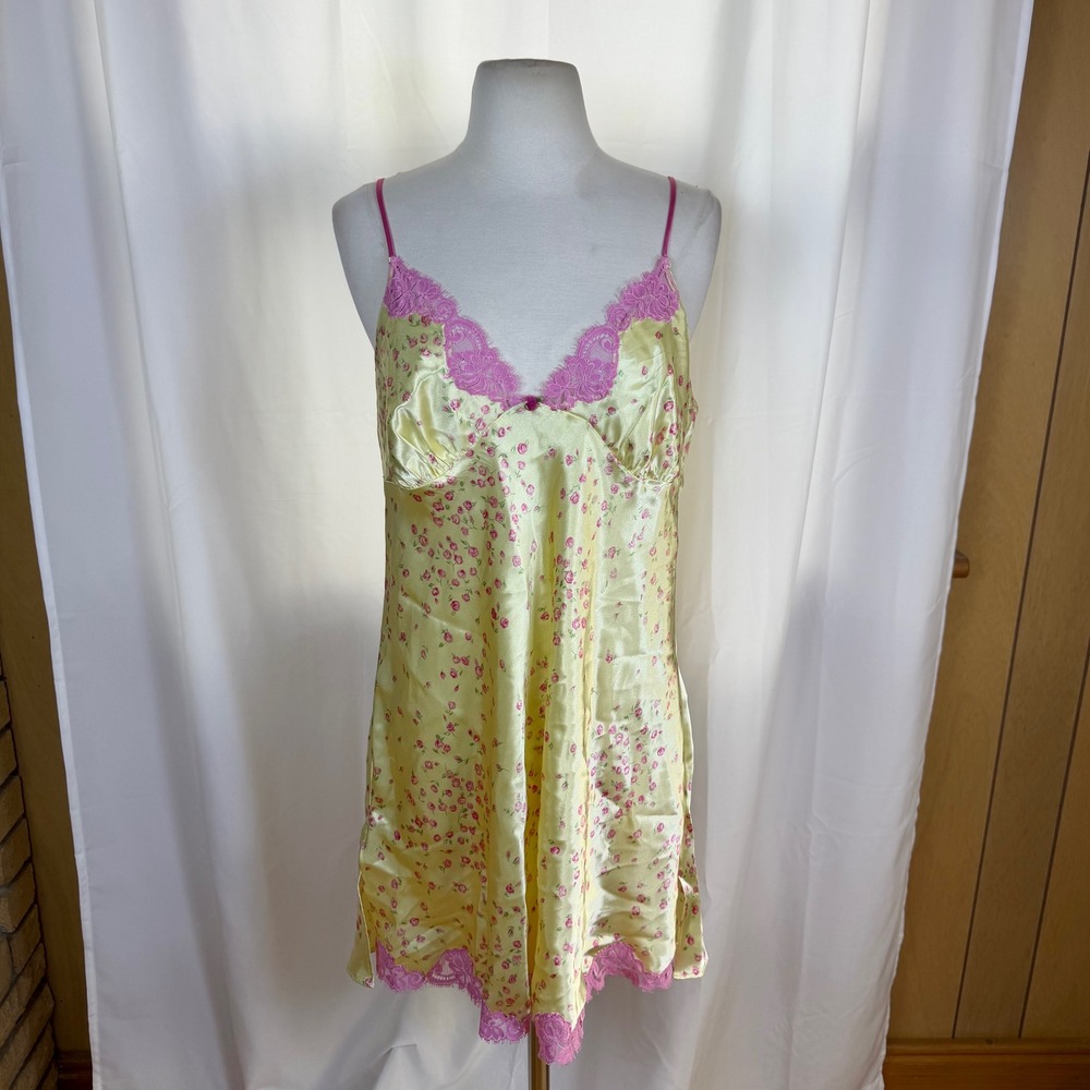 Vtg 90's Oscar De La Renta Yellow Satin Slip Nightgown Womens M/L Lingerie